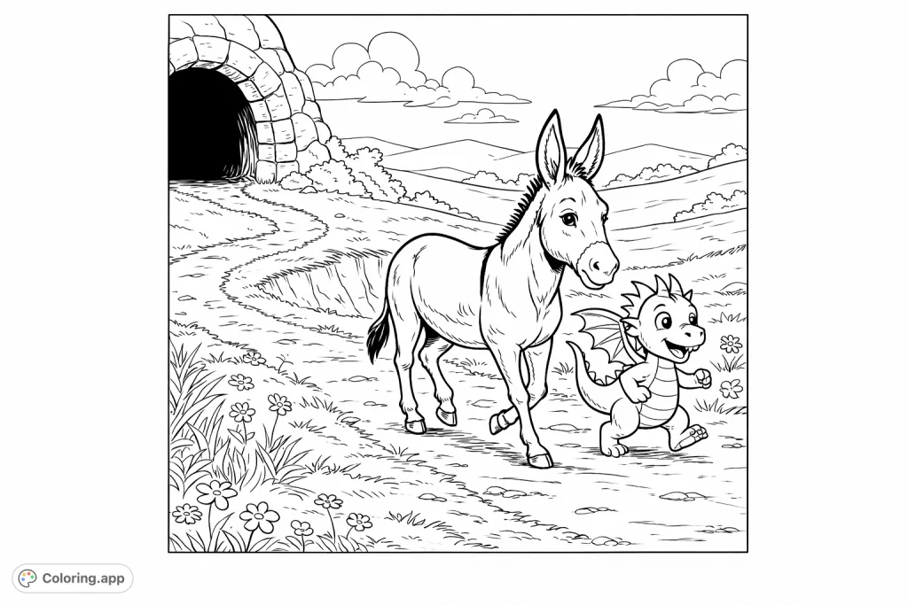 Join a friendly donkey and a playful dragon on an enchanting journey through a scenic landscape. This delightful coloring page invites creativity.