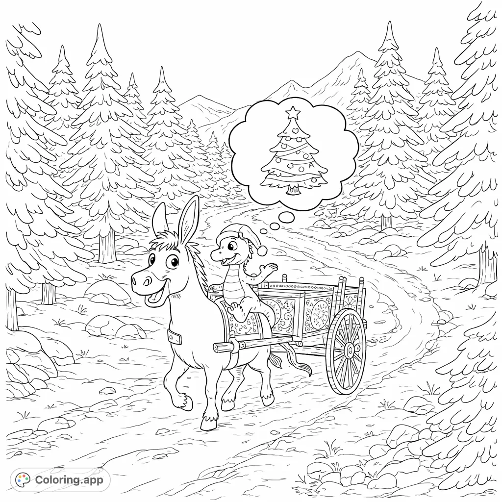A festive winter journey with a happy donkey pulling a decorated wagon, carrying a small dragon who dreams of a Christmas tree. Perfect for holiday fun!