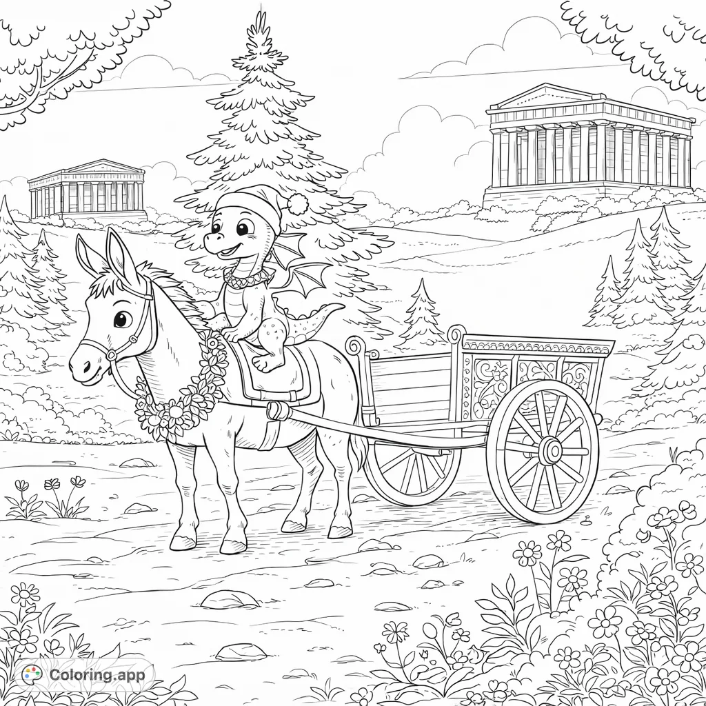 A festive donkey and its dragon companion embark on a winter journey with an ornate cart through a snowy landscape featuring ancient temples.