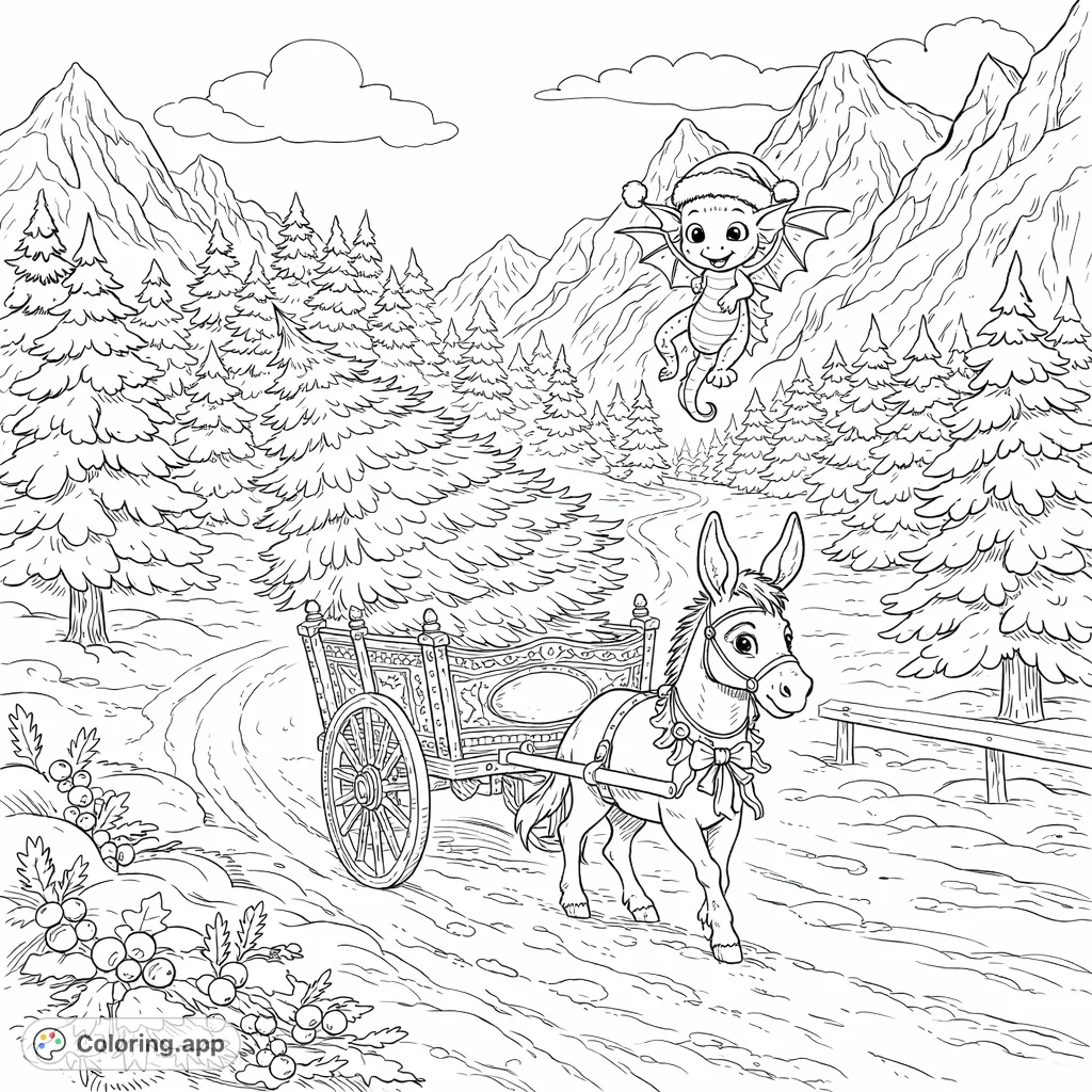 A whimsical winter scene featuring a cheerful donkey pulling a Christmas tree in a decorated cart, accompanied by a festive flying dragon in a snowy mountain landscape.