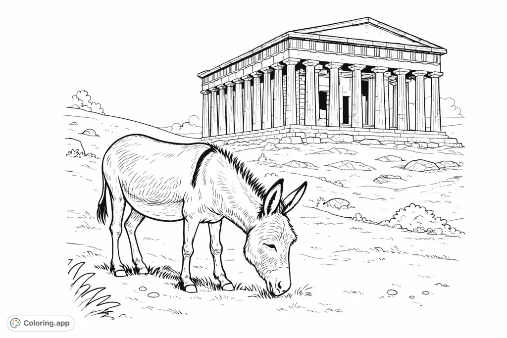 A majestic donkey grazes peacefully on a hill overlooking a grand ancient temple, offering a serene blend of nature and historical architecture.