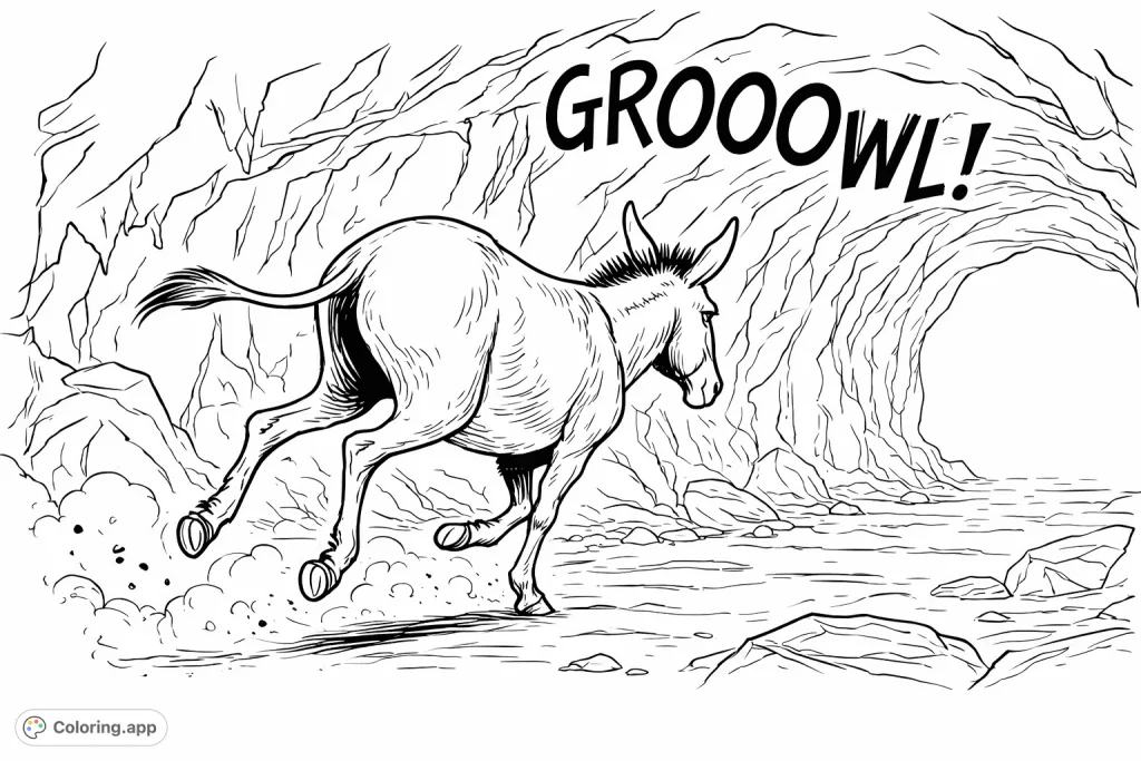 A dynamic donkey dashes through a mysterious cave towards a bright exit, kicking up dust. A thrilling cave adventure for all ages.