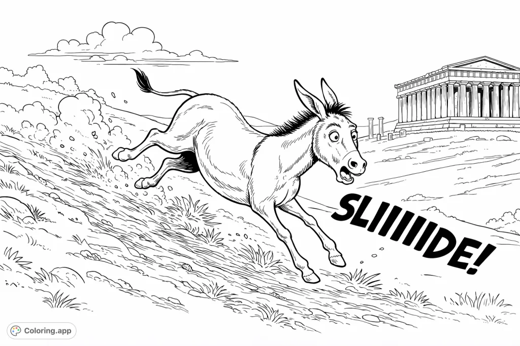 A dynamic donkey slides down a grassy hill, kicking up dirt, with a grand ancient temple in the background. A fun and engaging animal adventure coloring page!