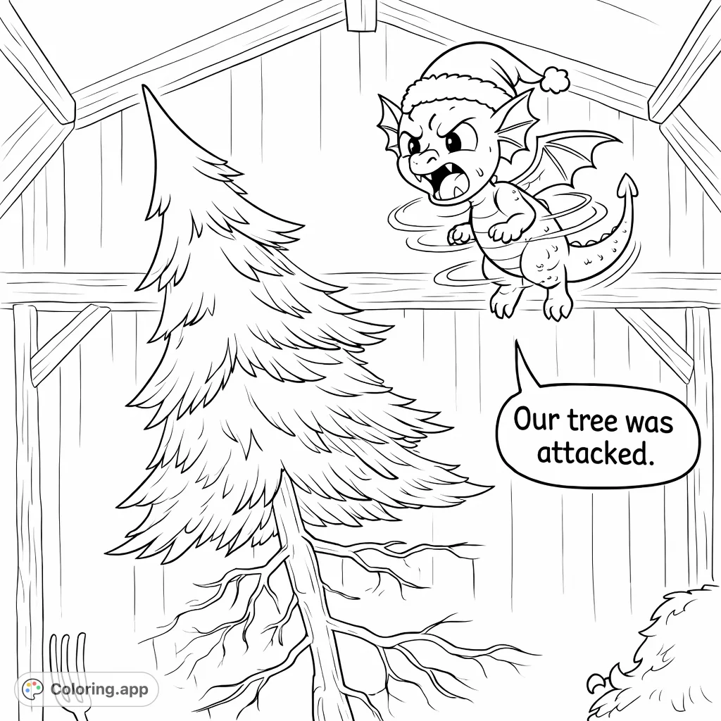 A playful dragon in a Santa hat stands over a fallen Christmas tree inside a barn. This fun holiday dragon coloring page combines festive cheer with fantasy.