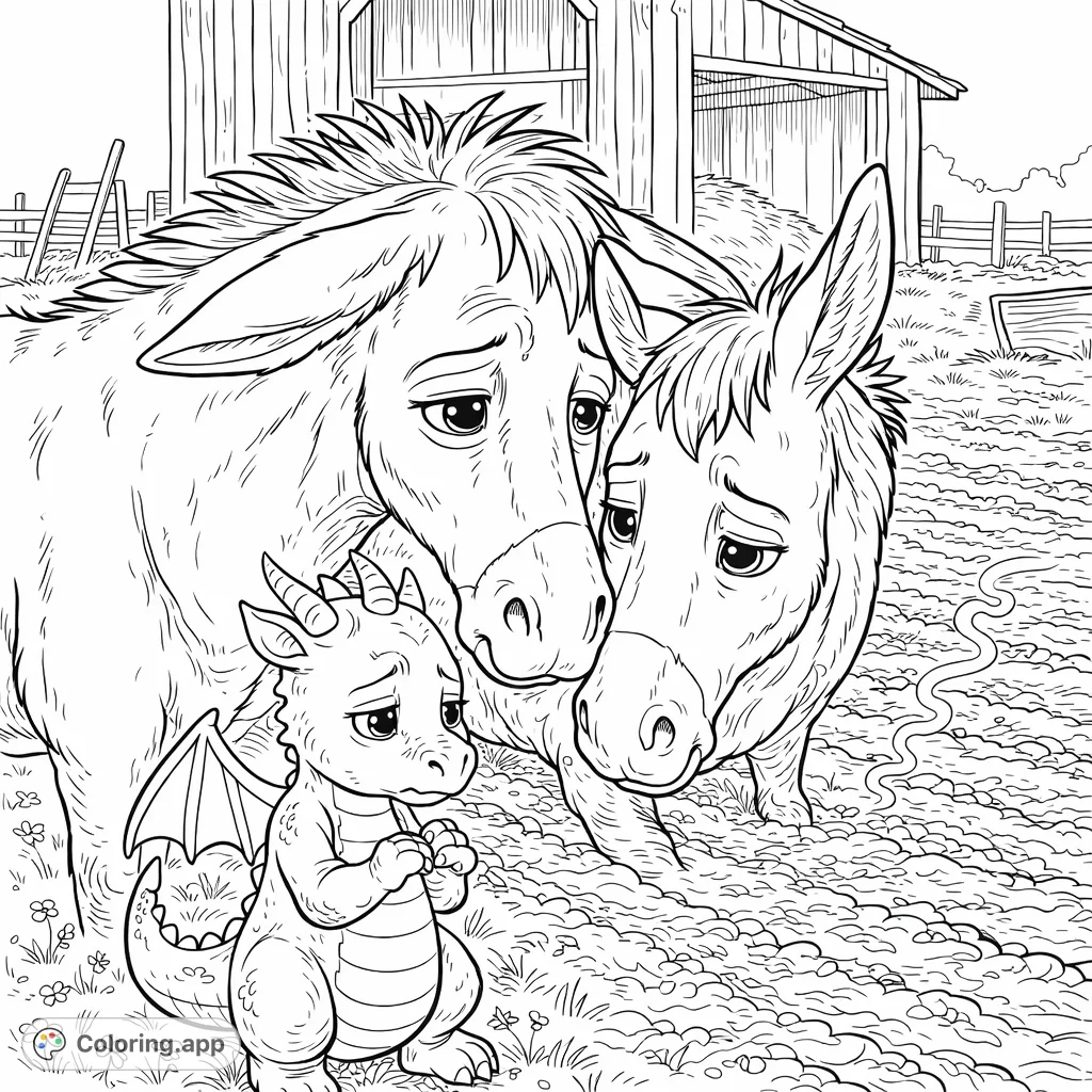 A touching scene of two donkeys and a small dragon in a farm setting, sharing a moment of concern. Perfect for thoughtful coloring.