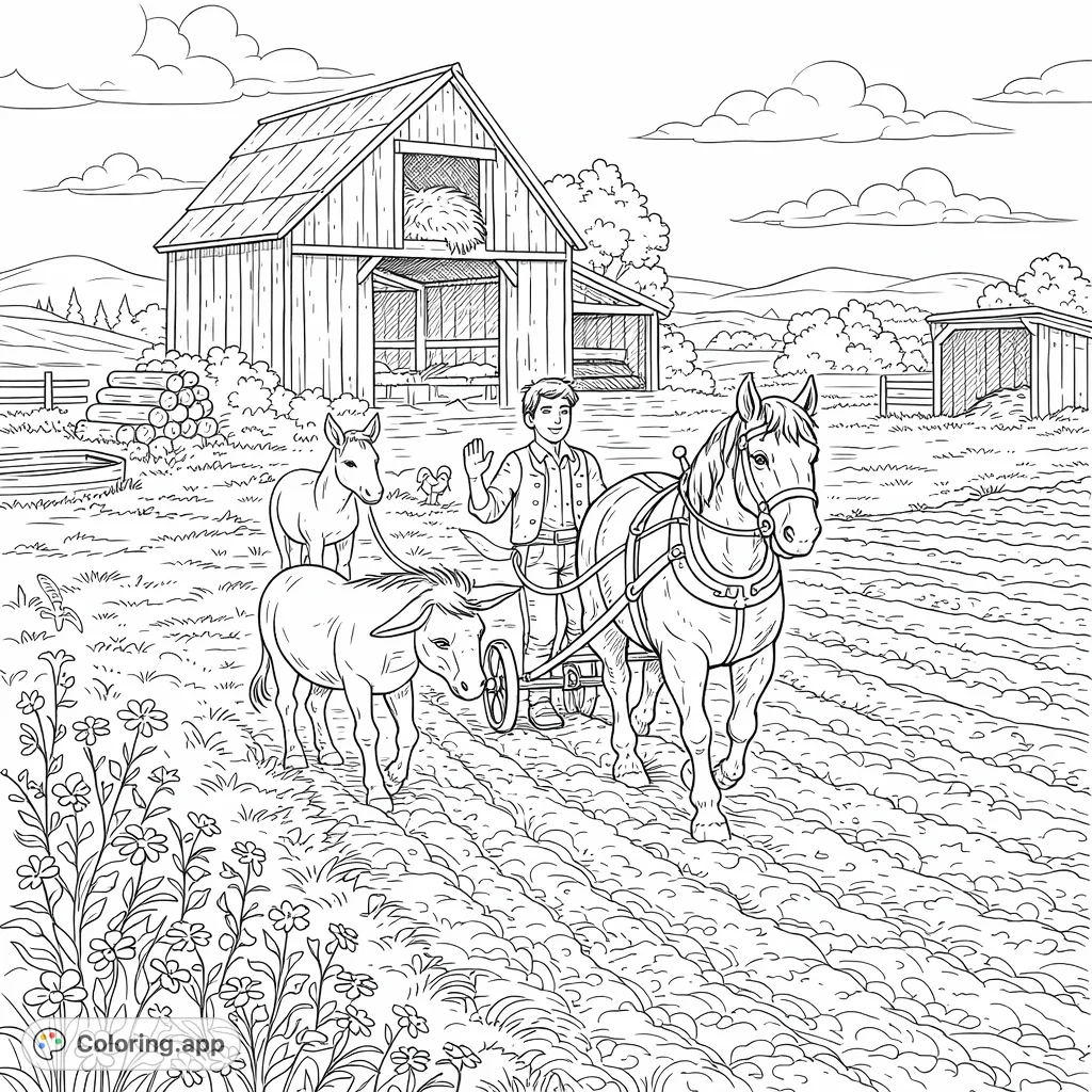 Explore a whimsical farm scene featuring a farmer, his trusty horse, curious donkeys, and a friendly dragon. A delightful farm life coloring page!