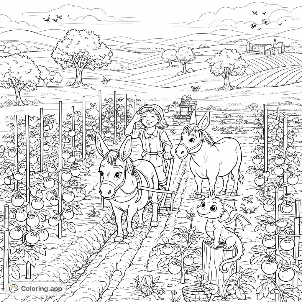 A heartwarming rural farm scene featuring a smiling woman and her two donkeys plowing rows of crops, assisted by a tiny dragon. A charming farming adventure awaits!