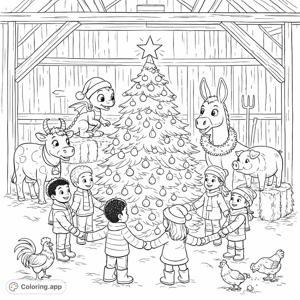 Join children and friendly barn animals celebrating around a festive Christmas tree in a cozy barn. A joyful scene perfect for holiday coloring fun.