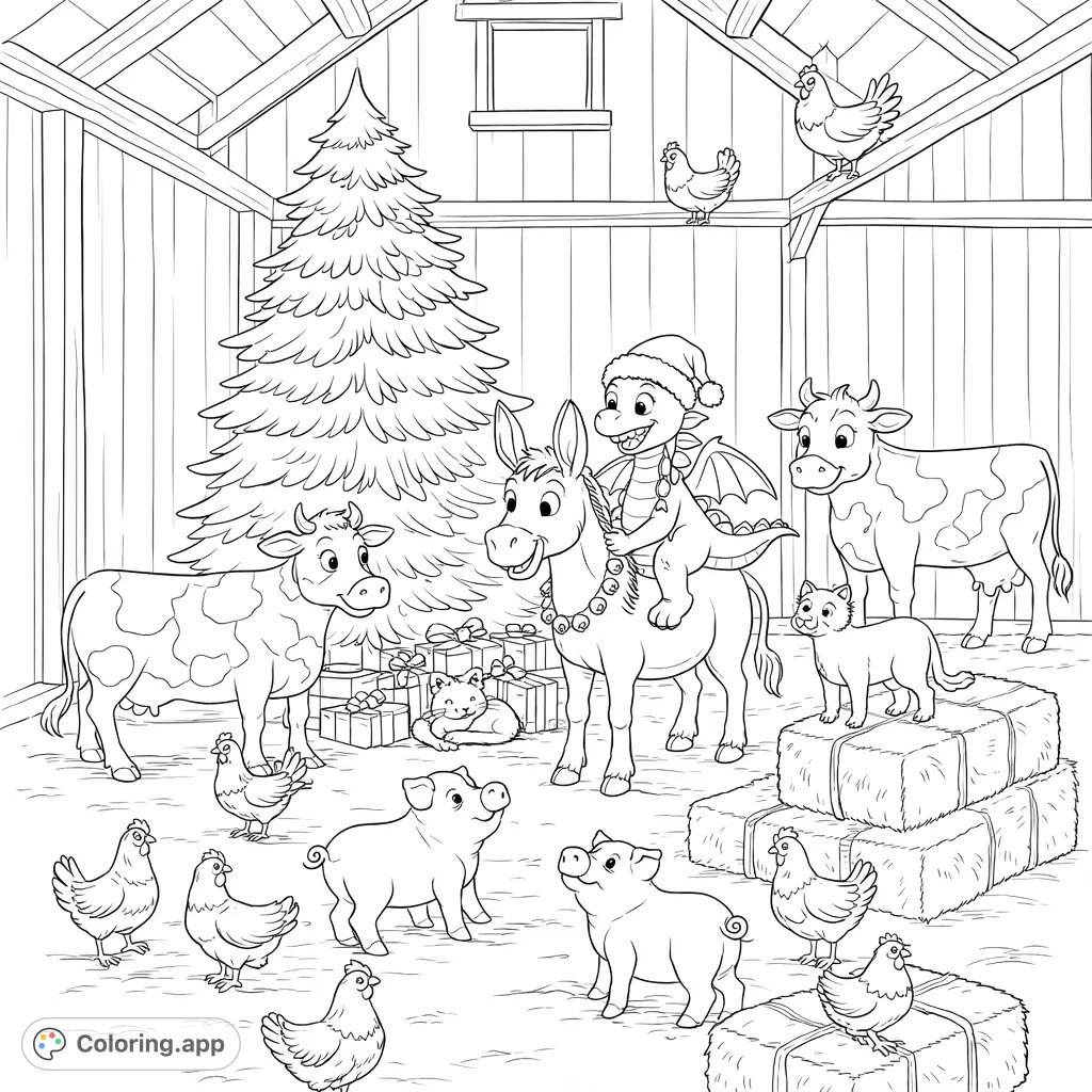 A delightful barnyard Christmas scene featuring a donkey, a dragon in a Santa hat, cows, pigs, and more farm friends gathered around a tree with presents. Perfect for holiday fun!