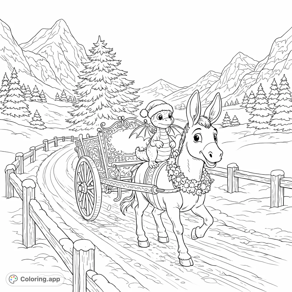 Embark on a joyful winter journey with a friendly donkey, a festive dragon, and a decorated cart through a snowy mountain landscape. Perfect for holiday cheer!