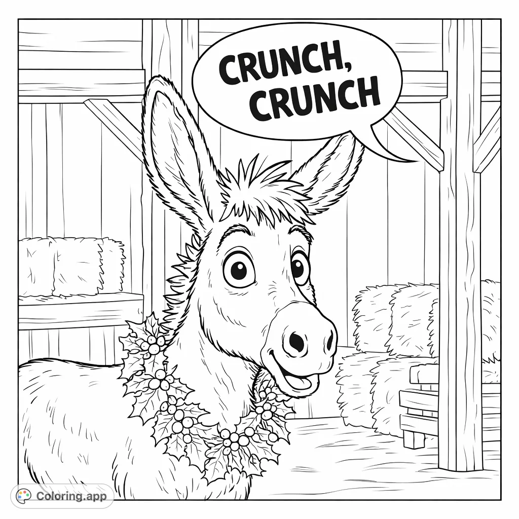 A charming donkey wearing a festive wreath stands surprised in a rustic barn, surrounded by hay bales. A fun holiday-themed animal coloring page.