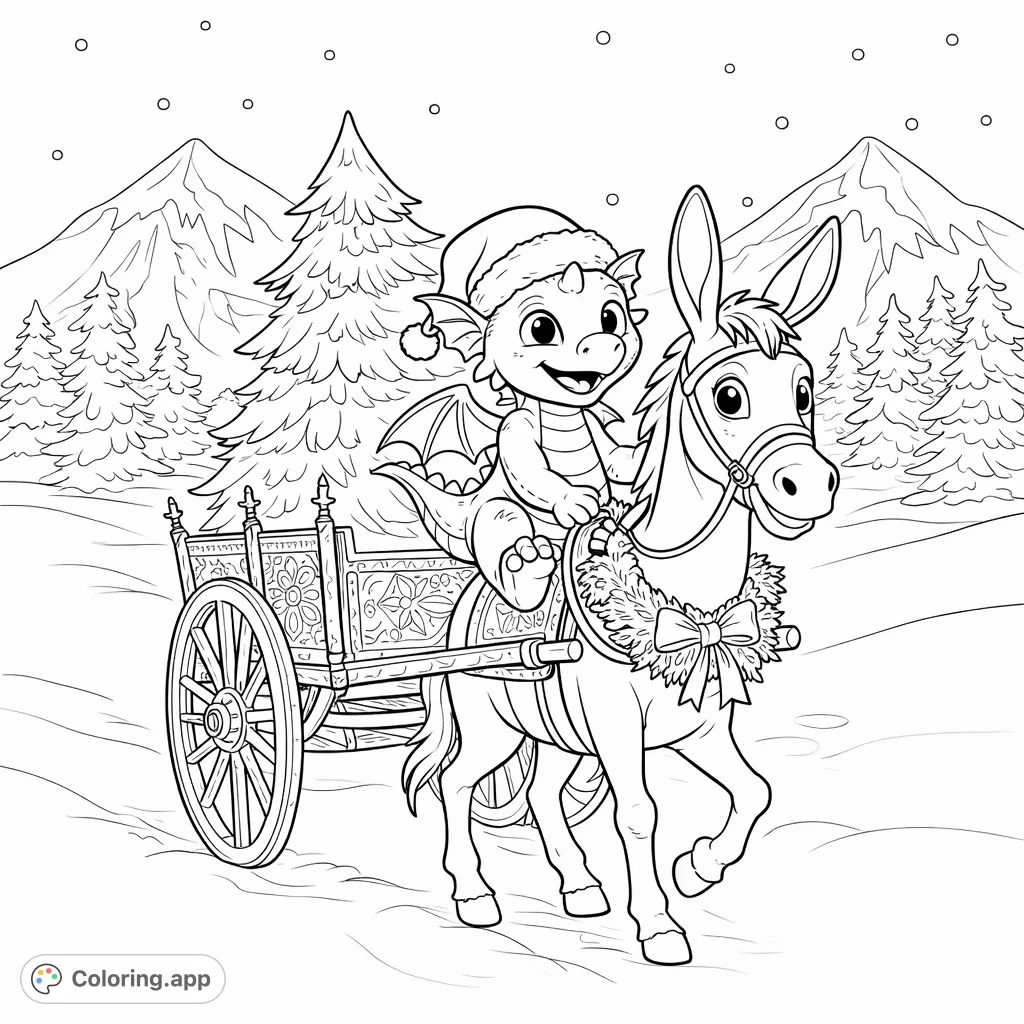 A cheerful dragon in a Santa hat rides a cart pulled by a festive donkey through a snowy landscape. Perfect for holiday coloring fun!