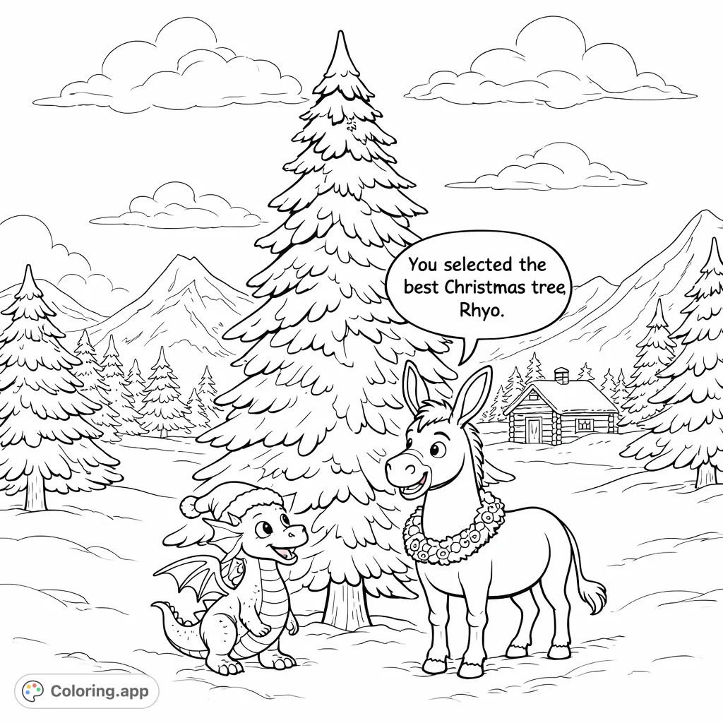 A heartwarming festive winter scene featuring a cheerful dragon and a friendly donkey with their perfect snow-covered evergreen tree. A delightful coloring adventure.