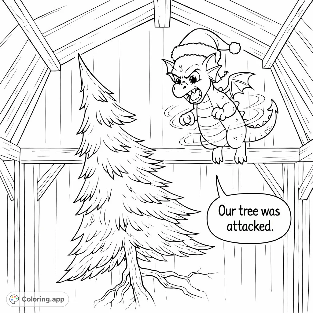 A fierce, Santa-hat-wearing dragon reacts dramatically to an 'attacked' Christmas tree in a rustic setting. Perfect for holiday coloring fun!