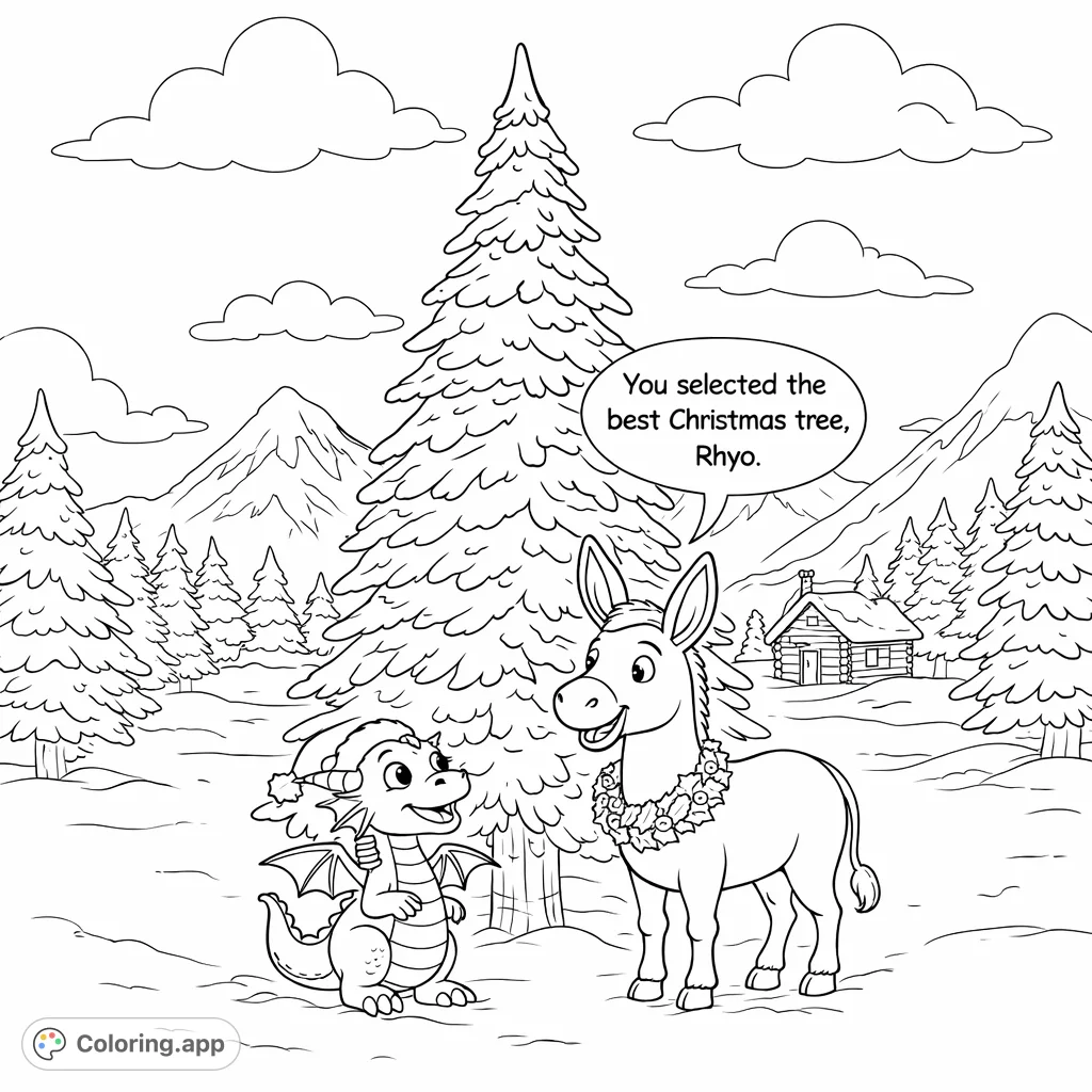 A charming winter scene featuring a cheerful dragon in a festive cap and a friendly donkey with a wreath, admiring a snowy evergreen tree in a peaceful forest.