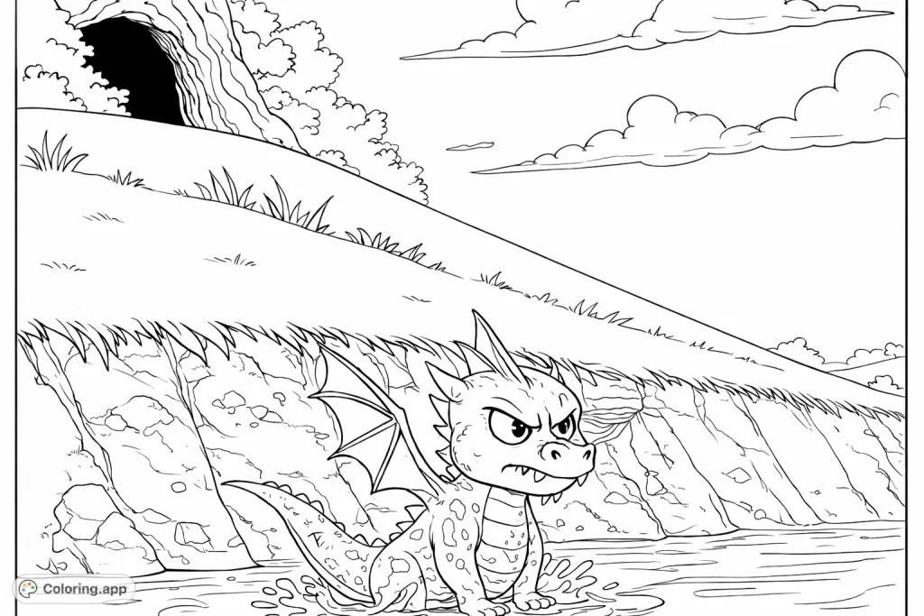 A playful dragon enjoys a messy puddle, splattered with mud, set against a grassy hill with a cave entrance. Fun for all ages to color!