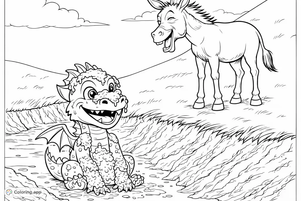A mischievous little dragon enjoys a mud bath while a cheerful donkey laughs nearby. A fun, whimsical scene perfect for imaginative coloring adventures!