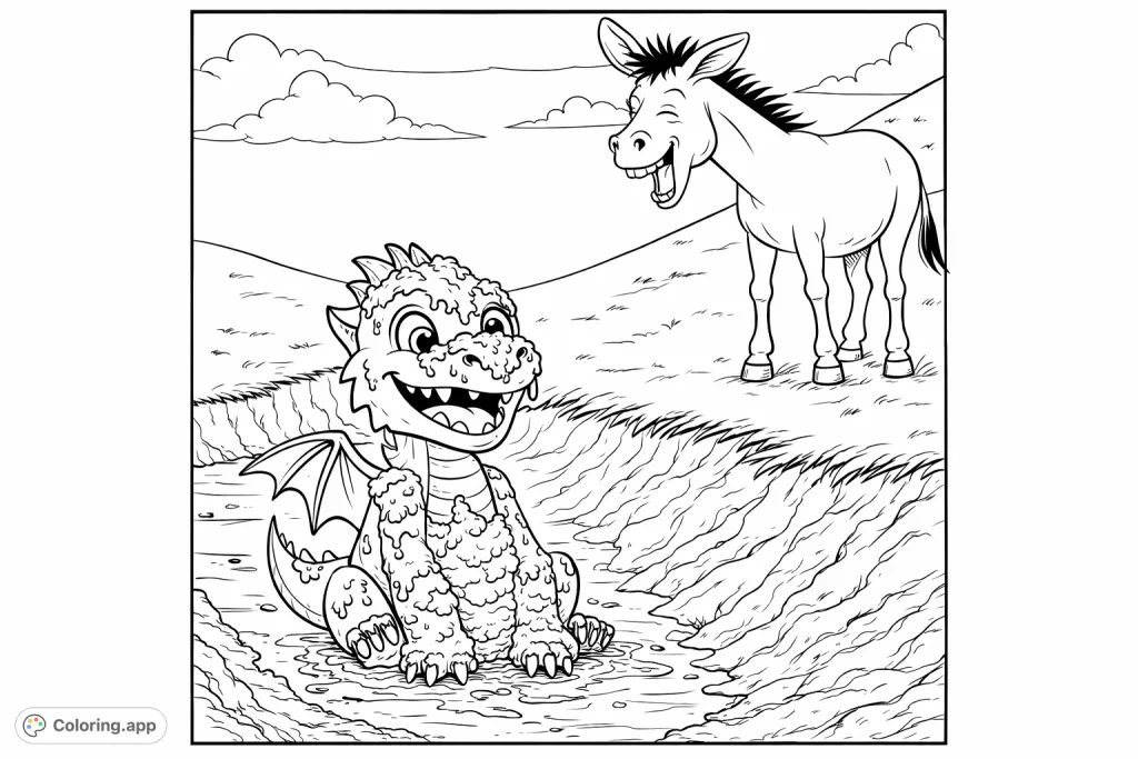 A mischievous baby dragon covered in mud brings a hearty laugh from a friendly donkey on a grassy hill, creating a whimsical scene.