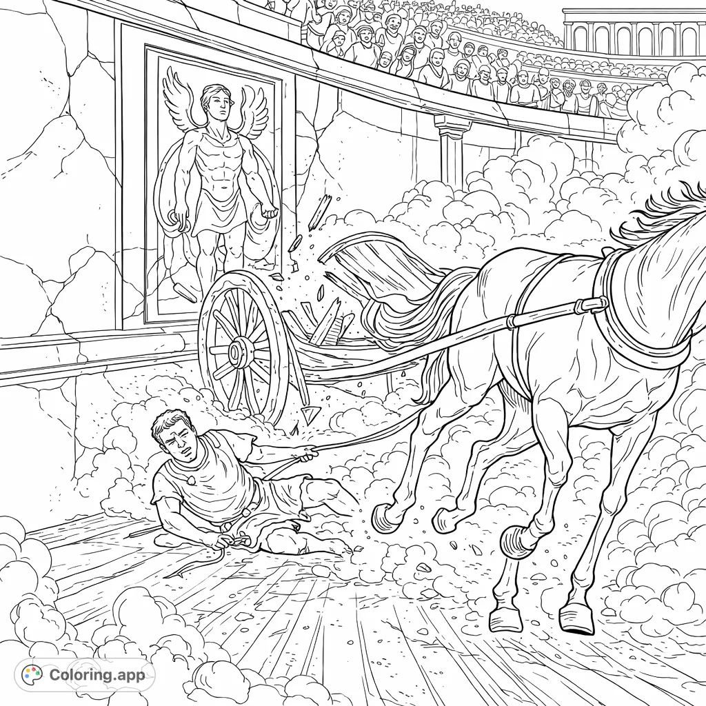 Experience the thrilling drama of a Roman chariot race crash. A powerful horse, fallen charioteer, and a broken chariot in a grand arena.