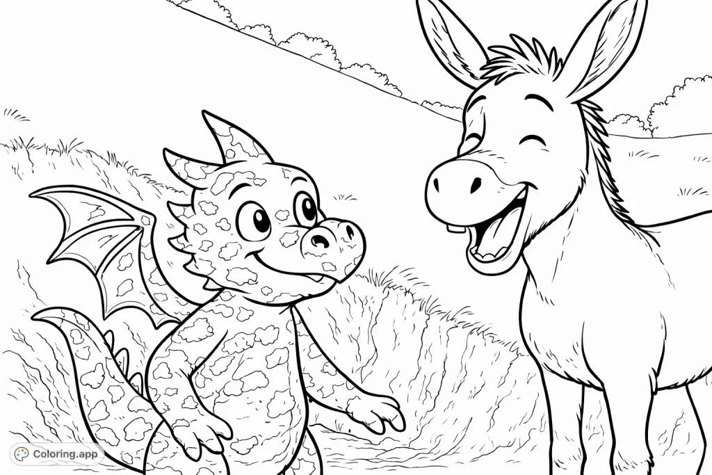 A joyful coloring page featuring a smiling dragon and a laughing donkey sharing a playful moment on a grassy hill, perfect for imaginative fun.