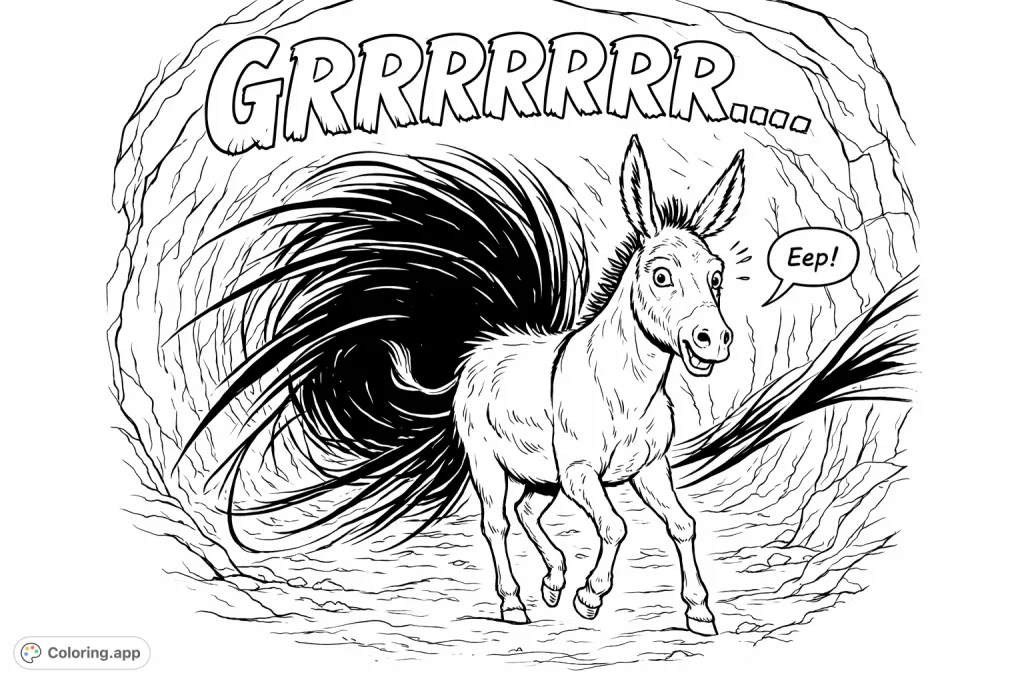 A captivating donkey coloring page featuring a wide-eyed donkey startled by a mysterious, swirling vortex within a textured cave. Intriguing and dramatic!