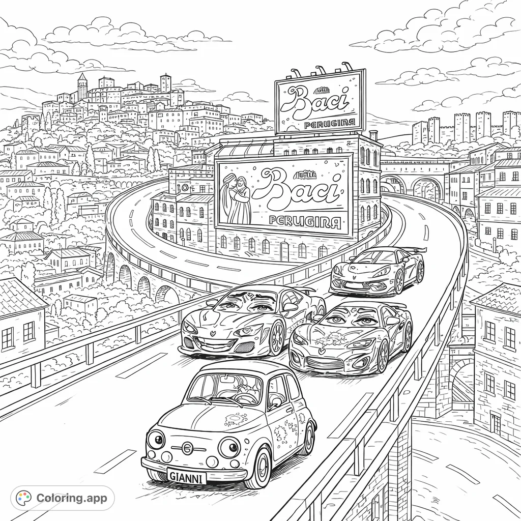 Four anthropomorphic cars with distinct faces parade through a historic cityscape, featuring classic and modern vehicles, grand buildings, and winding roads.