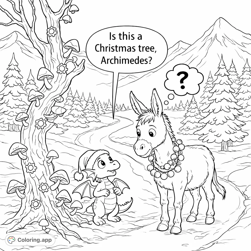 A charming fantasy winter coloring page featuring a tiny dragon in a Santa hat, a festive donkey, and a mystical tree adorned with gears and mushrooms.