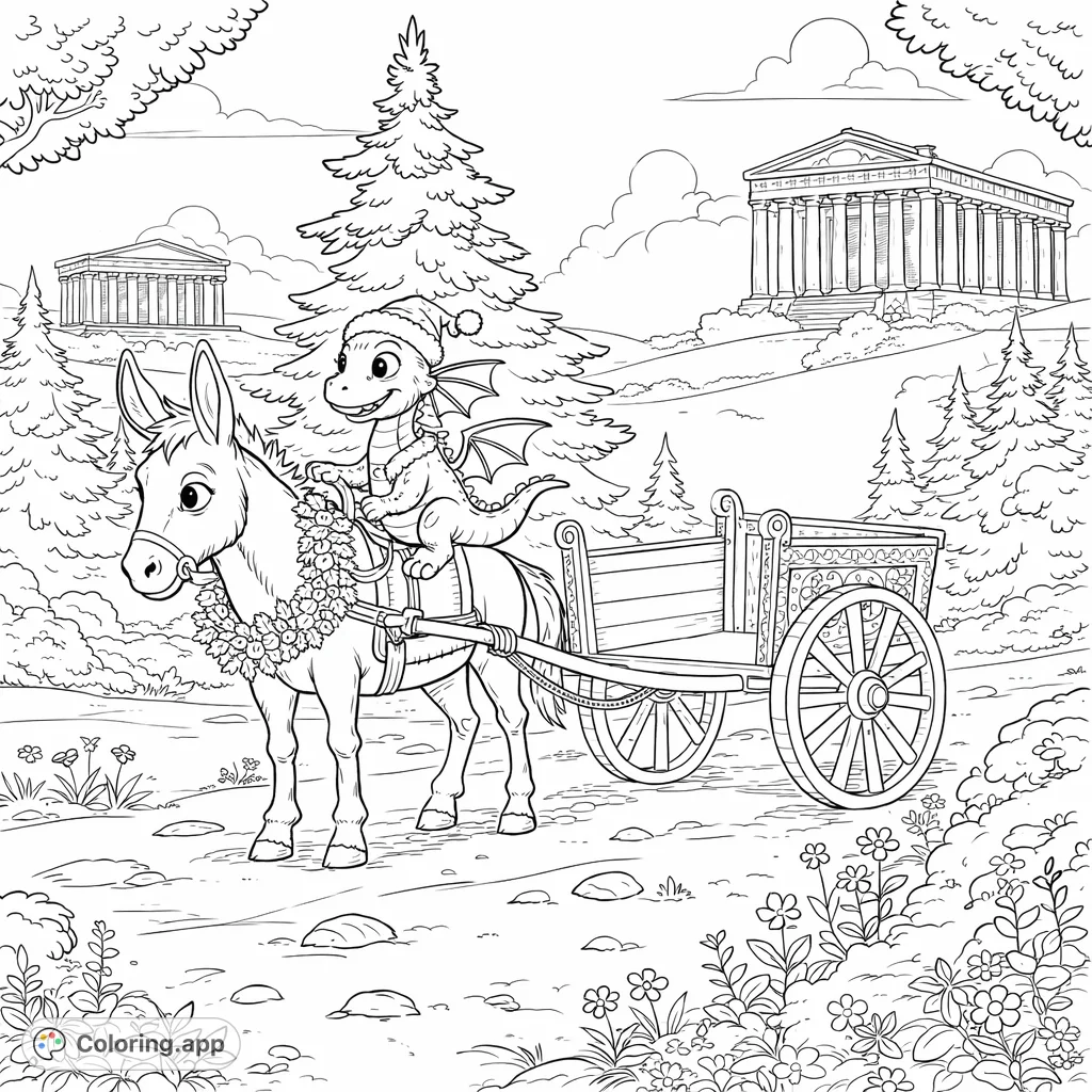 A delightful winter scene featuring a donkey pulling a decorated cart, with a festive dragon riding along. Ancient ruins and snowy trees complete this magical journey.