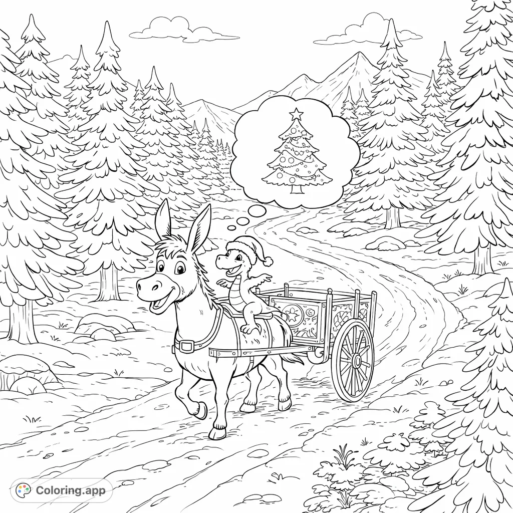 Join a friendly donkey and its dragon companion on a whimsical winter journey. This festive scene features a decorated cart and snow-covered trees.