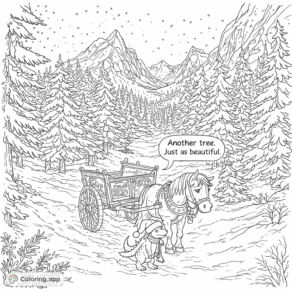 Embark on a charming winter journey with a festive donkey and its small winged companion, pulling a decorated cart through a snowy mountain forest.