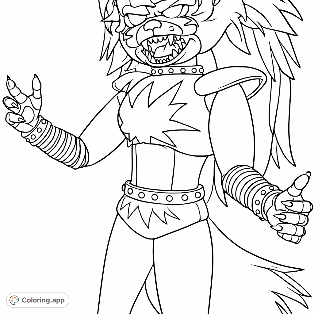 Unleash your creativity with this dynamic glam wolf character coloring page, featuring intricate details, expressive features, and bold patterns.