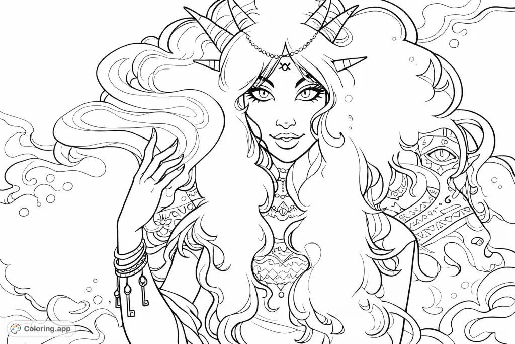Unleash your creativity on this enchanting horned sorceress coloring page. Features intricate details, flowing hair, and a captivating aura for an immersive experience.