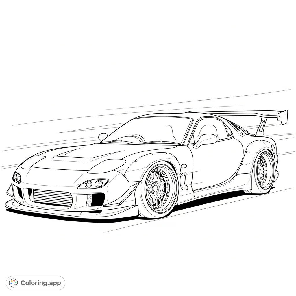 Experience the thrill of a modified RX7 wide body sports car. This detailed coloring page features aggressive styling, flared fenders, and a dynamic pose for car enthusiasts.