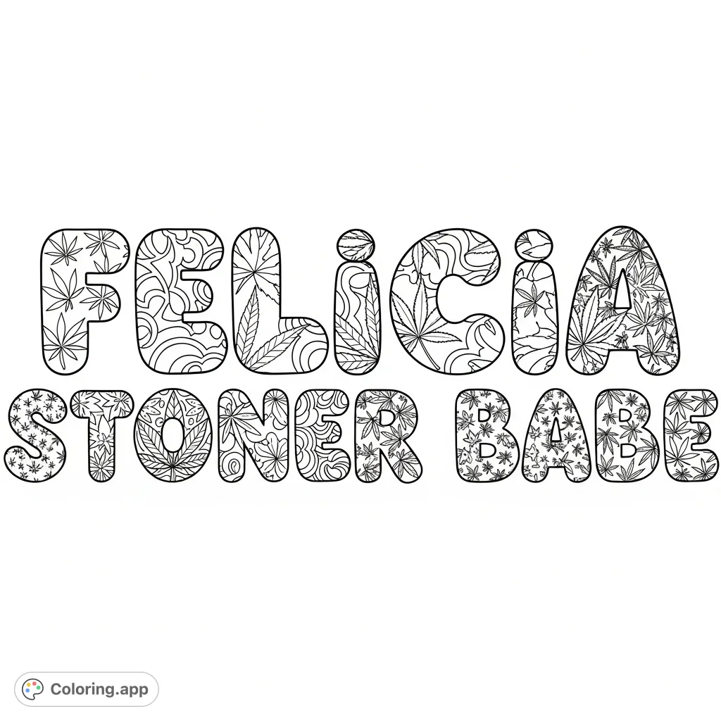A unique 'Felicia Stoner Babe' coloring page featuring prominent bubble letters filled with intricate cannabis leaf patterns and swirling designs. Perfect for creative expression.