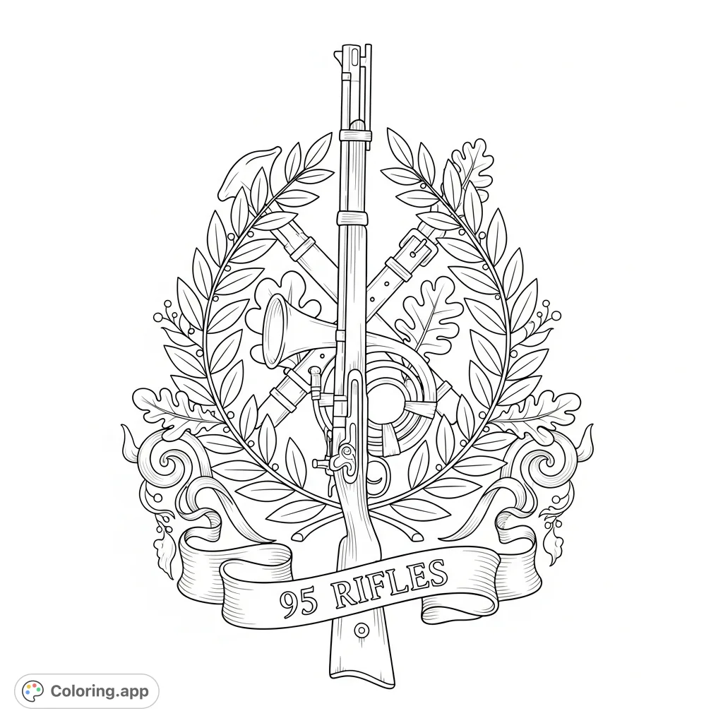 An intricate tattoo design featuring a Baker rifle, laurel, oak leaves, and '95 Rifles' banner, inspired by the Napoleonic wars and Sharpe series.