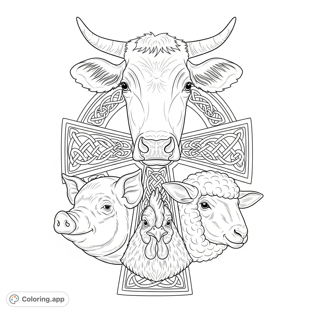 Explore a unique Celtic tattoo design featuring a cow, pig, chicken, and sheep heads entwined with an intricate knotwork cross, perfect for detailed coloring.