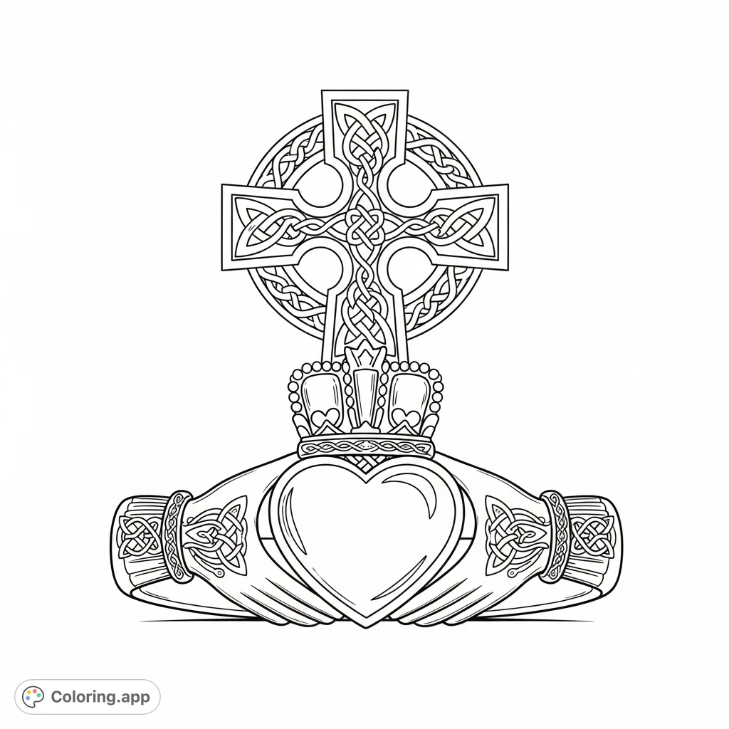 A beautiful Claddagh ring with a crowned heart and clasped hands, intricately combined with a detailed Celtic cross adorned with traditional knotwork patterns.