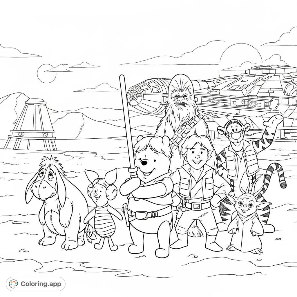 Winnie the Pooh as Luke Skywalker, Piglet as Leia, and friends embark on an epic Star Wars journey on a desert planet with the Millennium Falcon. A fun, free printable for fans.