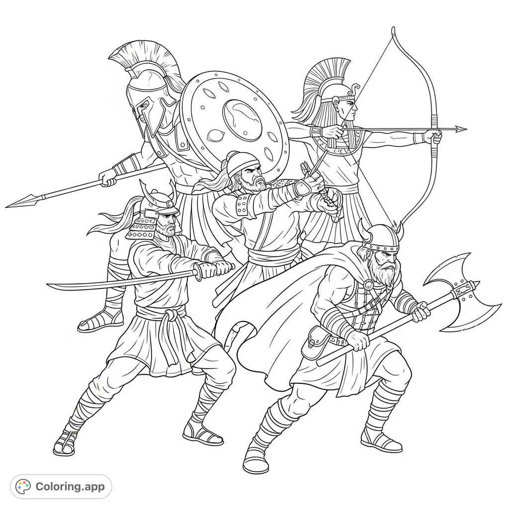 An epic legendary warriors coloring page featuring Spartan, Samurai, Egyptian, and Viking figures interwoven in dynamic battle poses. A free printable adventure!