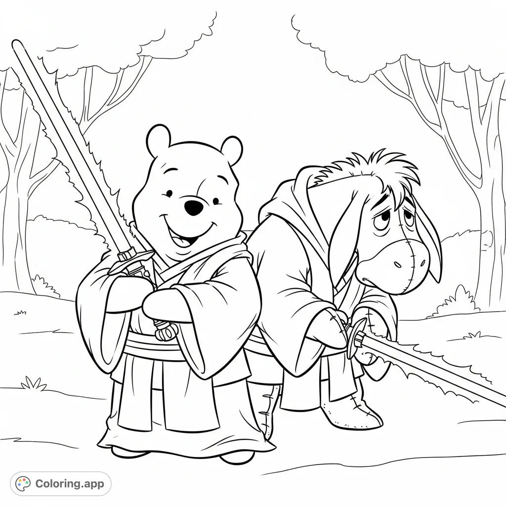 Join Winnie the Pooh and Eeyore as Jedi Knights! This free printable coloring page features the beloved characters in flowing robes with lightsabers.