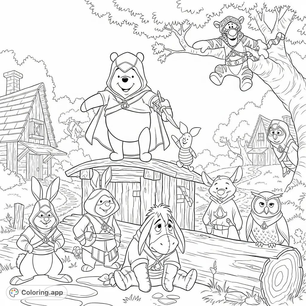 Join Winnie the Pooh and friends as stealthy assassins in the Hundred Acre Wood. This unique coloring page blends beloved characters with iconic hooded cloaks.