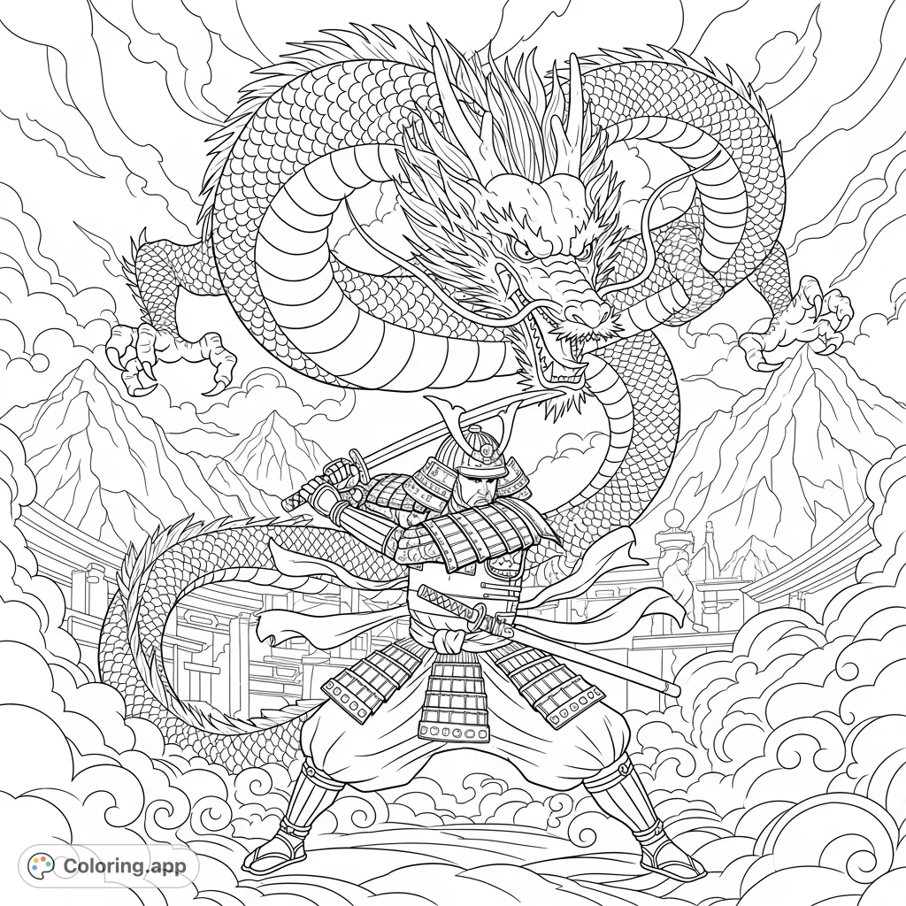 Experience an epic Japanese samurai vs. dragon coloring page.
