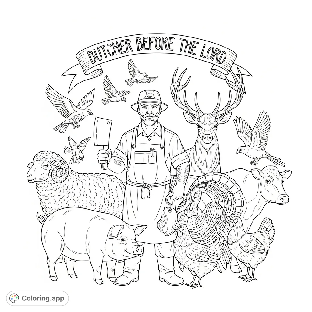 A detailed tattoo-style butcher coloring page featuring a traditional butcher surrounded by various animals and the text "but...