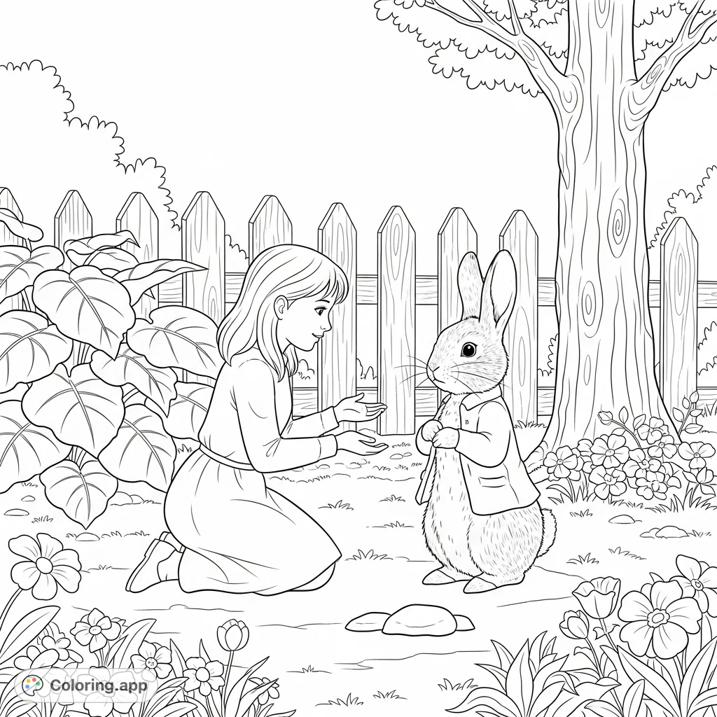 A delightful free printable coloring page depicting a girl's charming encounter with Peter Rabbit in a lush garden setting, perfect for imaginative young artists.
