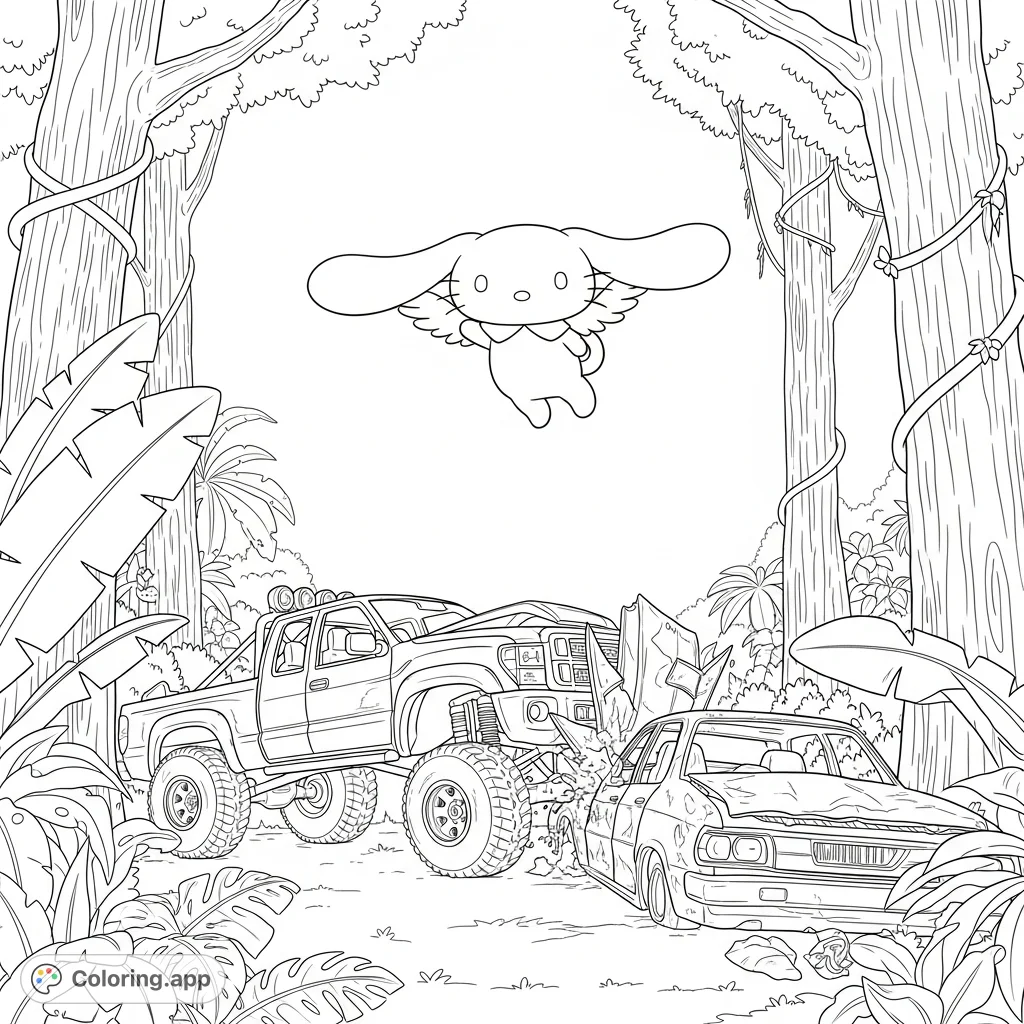 Cinnamoroll soars above a surreal tropical rainforest where a junkyard trophy truck crashes into an abandoned car. A unique, imaginative scene for coloring.