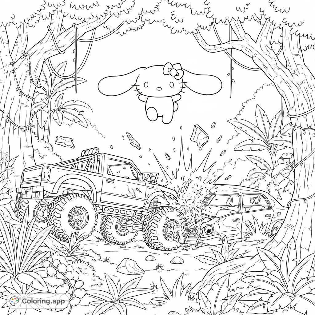 A whimsical Cinnamoroll floats above a dynamic scene of a junkyard trophy truck crashing into an abandoned car in a tropical rainforest.
