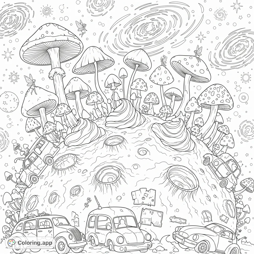 Explore an enchanted mushroom forest on a moon with a cupcake-like surface, where fairies flit around abandoned cars and a galaxy backdrop beckons.
