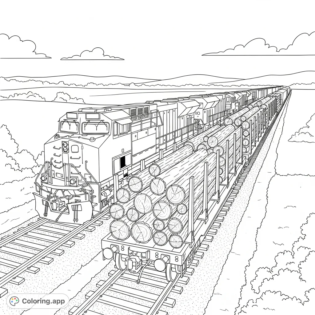 Discover a powerful freight train coloring page featuring a robust locomotive and flatcars loaded with logs, a perfect free printable coloring page for enthusiasts.