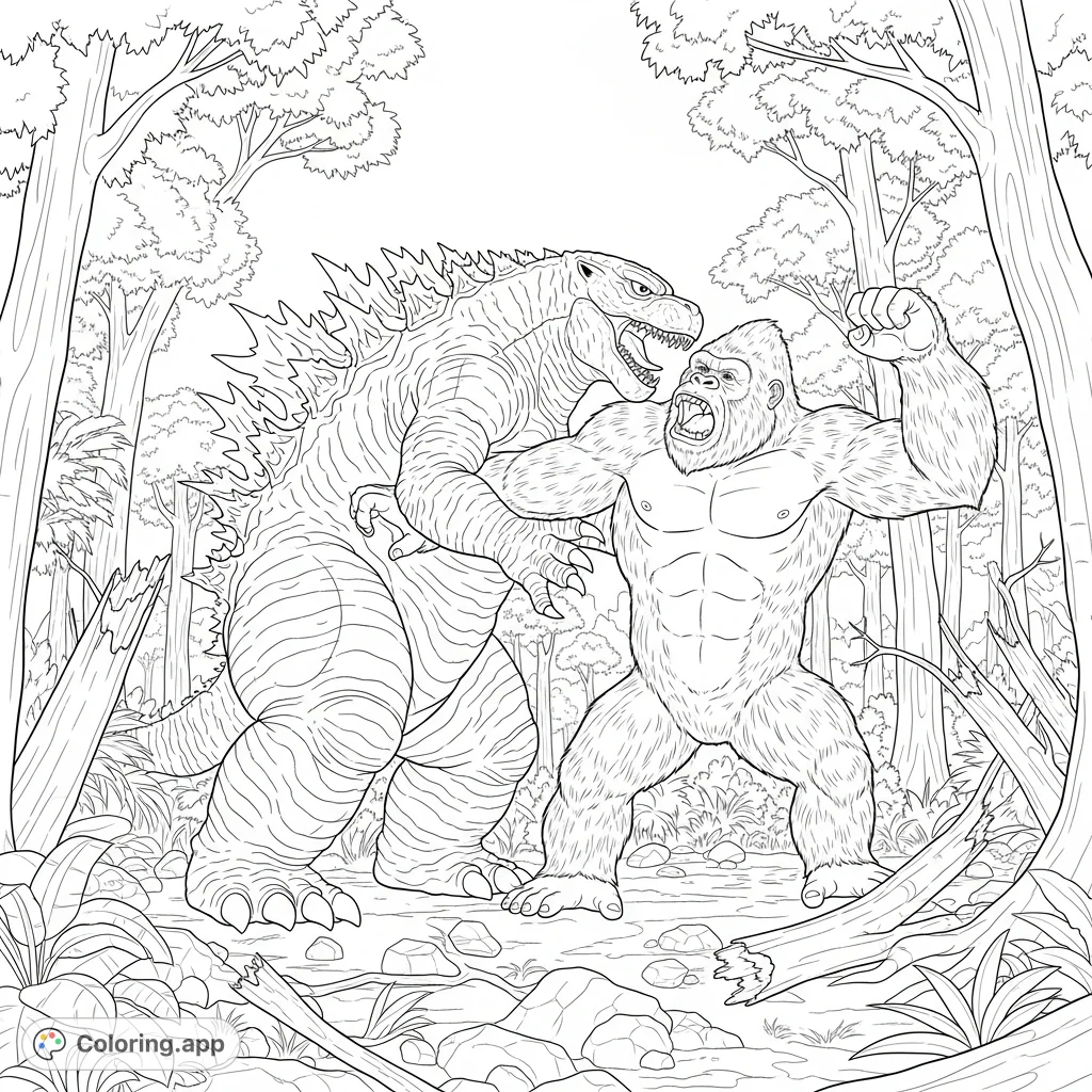 Experience the epic kaiju showdown! Godzilla clamps its jaws on King Kong's shoulder amidst a towering tropical rainforest.