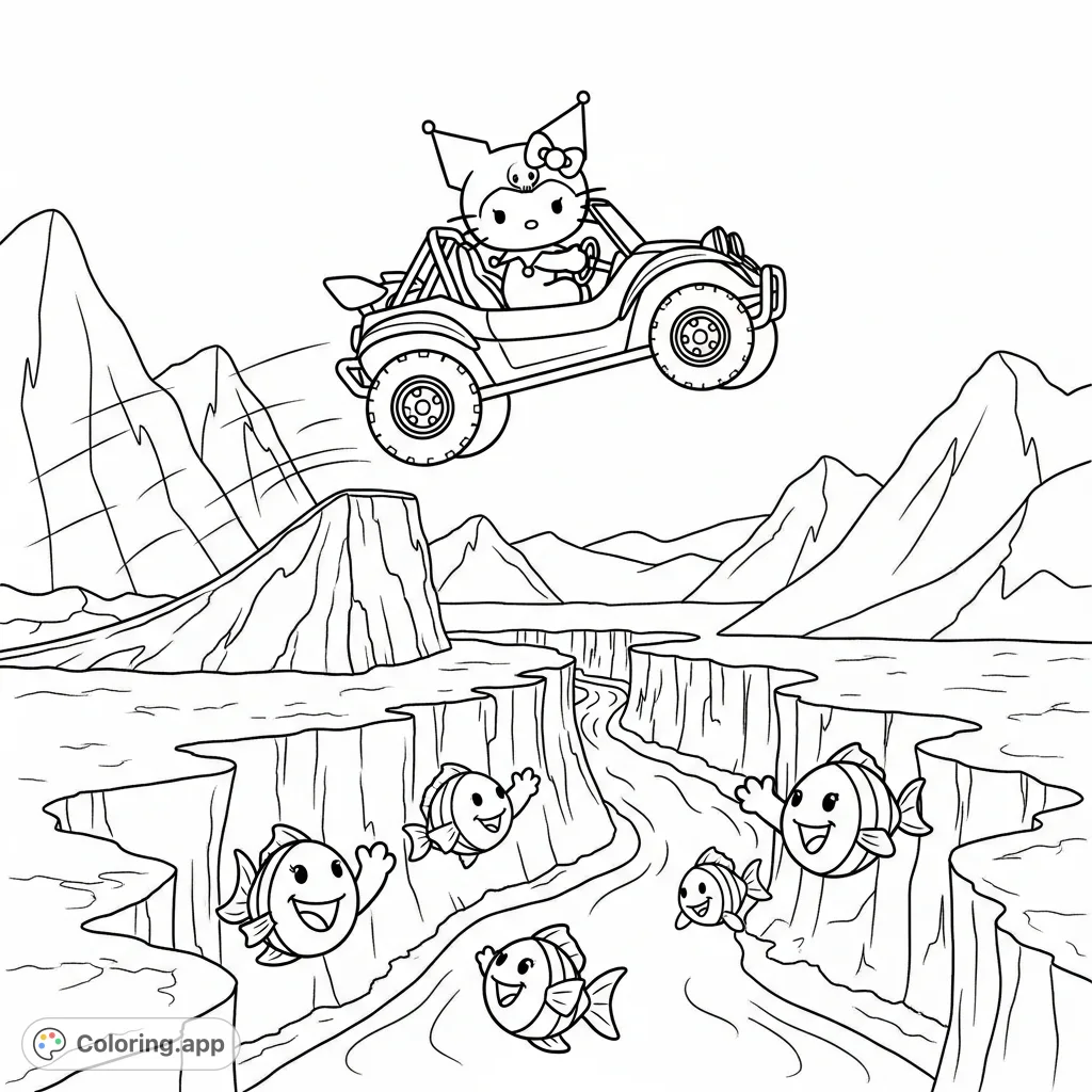 Kuromi from Hello Kitty pilots a dune buggy, mid-air over a desert canyon, with waving fish below. An exciting high desert adventure for kids and fans!